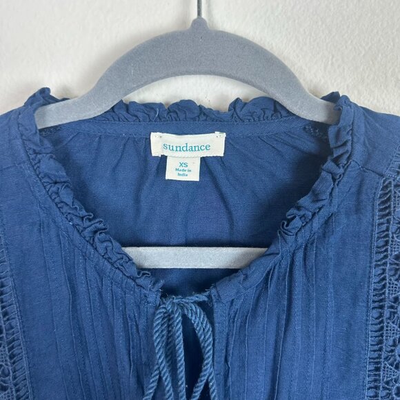 Sundance Linen Blend Boho Embroidered Blouse XS Tassel Tie Front Minimalist Cont - Picture 4 of 6